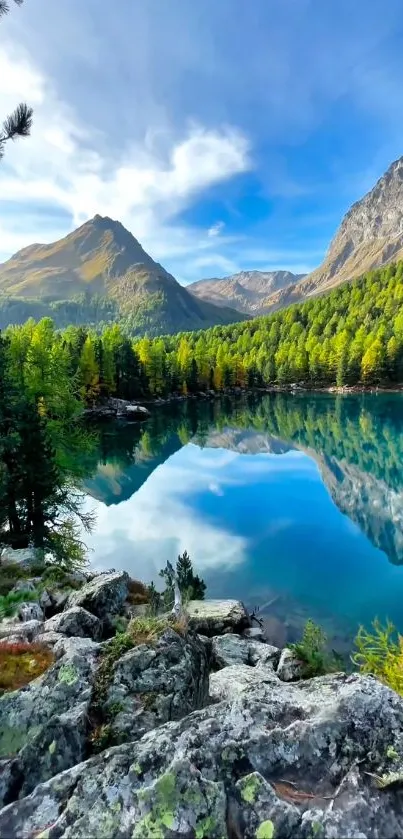 Scenic view of a mountain lake reflecting the sky and surrounding forest.