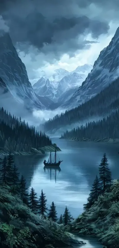 A serene lake surrounded by misty mountains and lush forests.