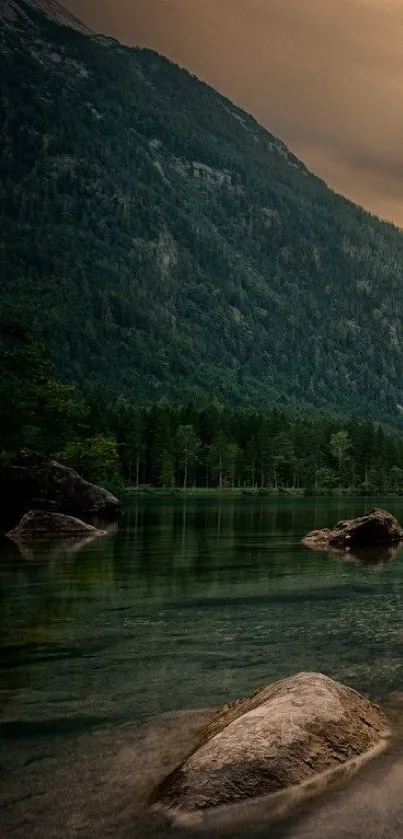 Tranquil mountain and lake view mobile wallpaper.