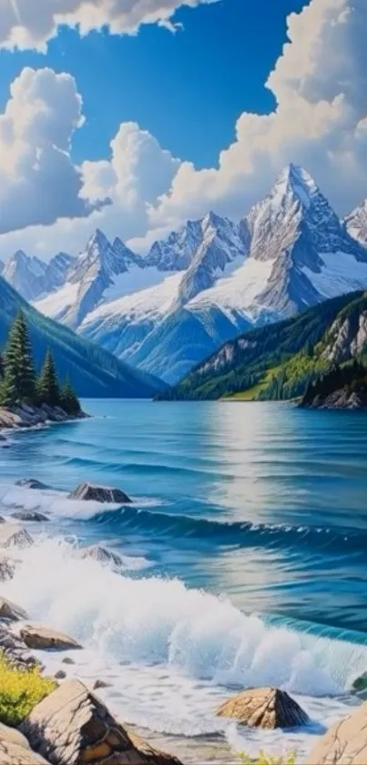 Breathtaking view of mountains and lake with blue sky.
