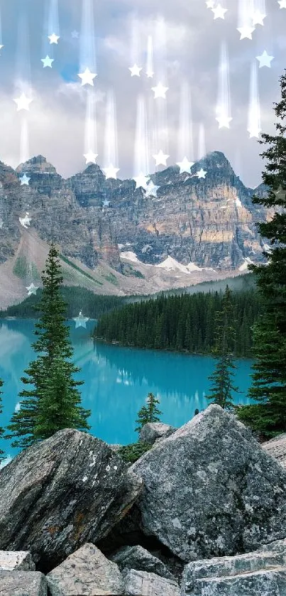 Serene mountain lake with turquoise water and towering trees.