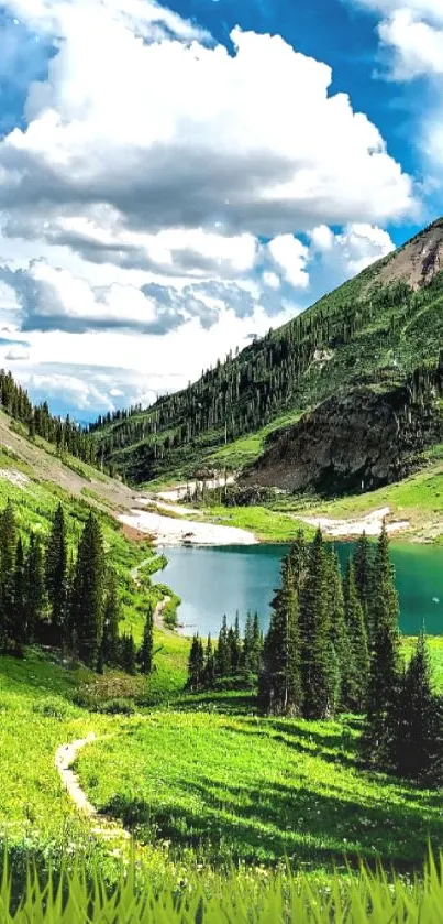 Serene mountain landscape with a lake and lush green valley.