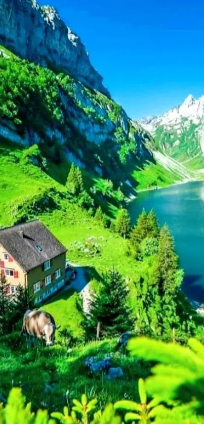 A serene mountain lake with lush green landscape and alpine houses.