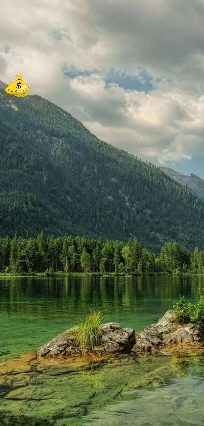 Scenic view of a serene mountain lake with lush greenery and clear skies.