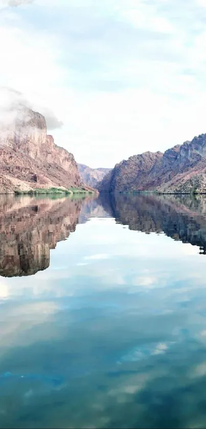 Serene lake and mountain scene with reflection.