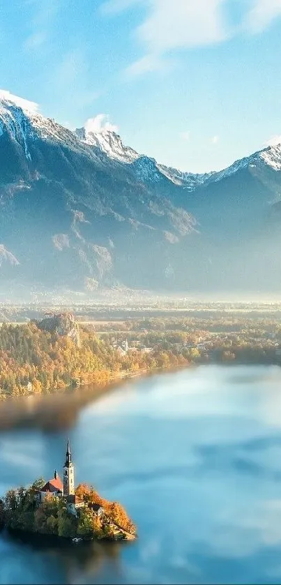 Serene lake with snowy mountains in the background.