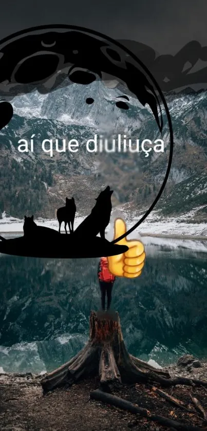 Serene mountain lake with wolf silhouettes on mobile wallpaper.