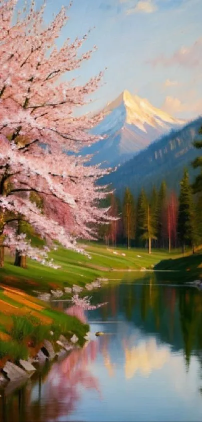 Mobile wallpaper of a serene mountain lake with cherry blossoms and snow-capped peaks.