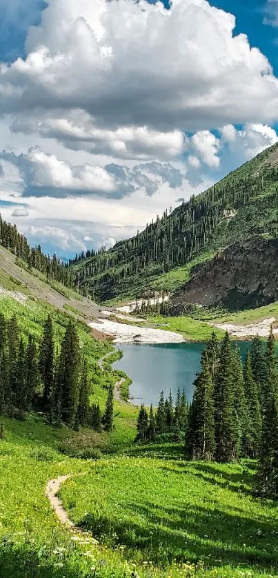 Peaceful mountain lake with lush greenery and fluffy clouds.