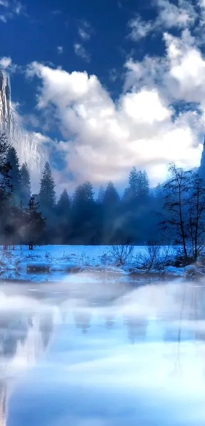 Serene mountain lake with misty reflections and towering cliffs under a blue sky.