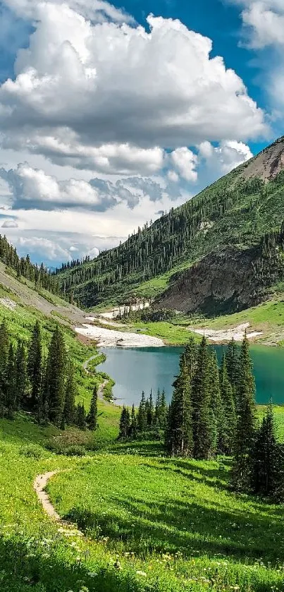 Serene mountain lake with green forest and blue sky wallpaper.