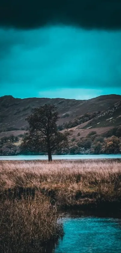 Serene mountain lake with trees and moody sky.