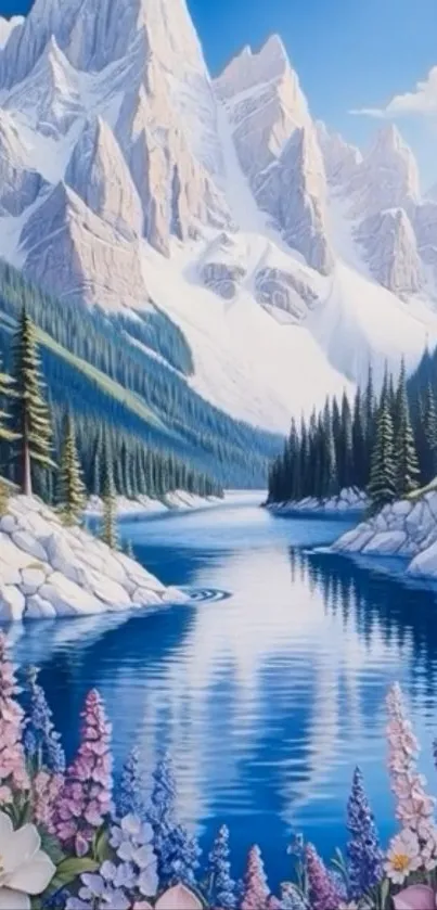 Serene landscape of mountains and lake with vibrant colors.