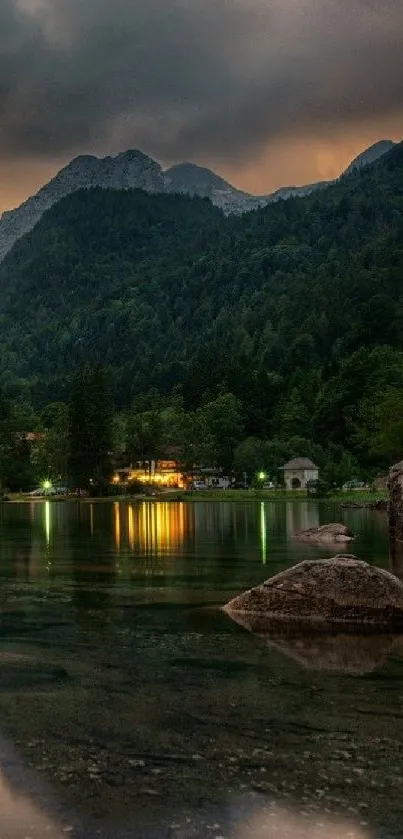 Serene mountain lake with forest and reflections.