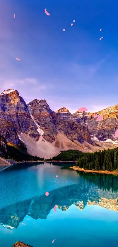 Serene mountain lake with cherry blossom petals on a sunny day.