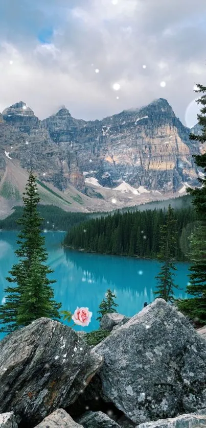 Beautiful turquoise lake surrounded by mountains and trees.