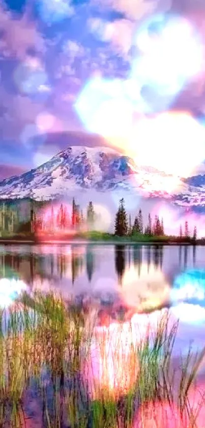 Serene mountain landscape with lake reflecting vibrant skies.