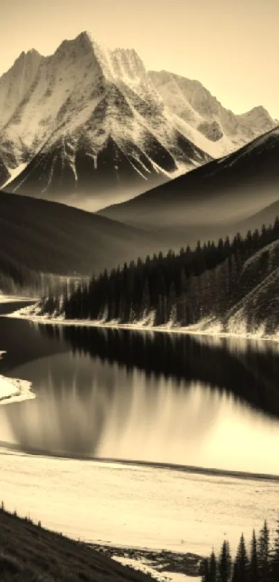 Sepia-toned mountain and lake scenery with snow-capped peaks.