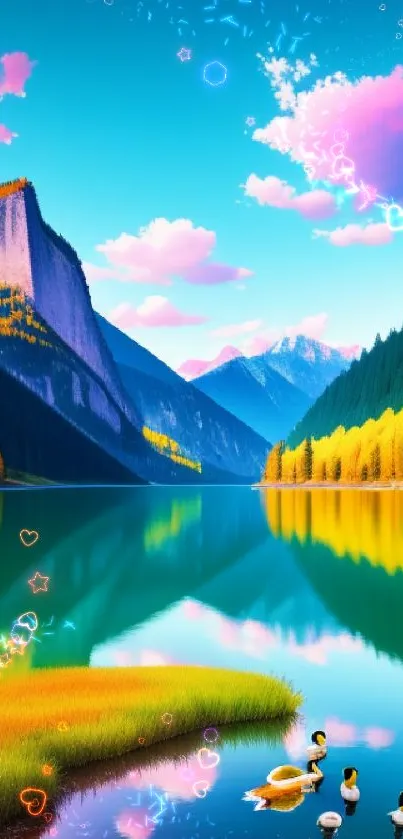 Serene mountain lake with colorful trees and blue sky.