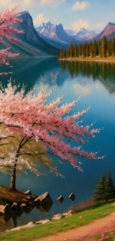 Scenic mountain lake with cherry blossoms and serene blue sky.