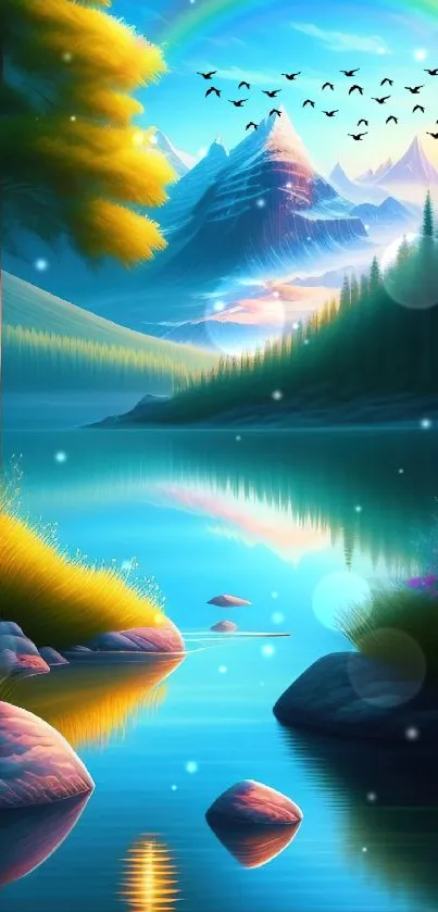 A serene mountain lake with a rainbow and lush forest.