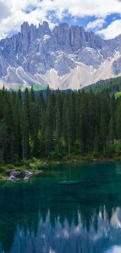 Majestic mountains reflect in a serene lake with lush green forest.