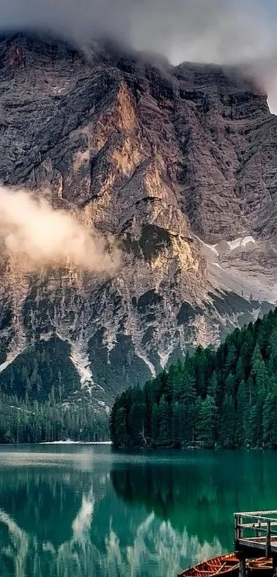 Scenic mountain lake with forest reflection and tranquil waters.