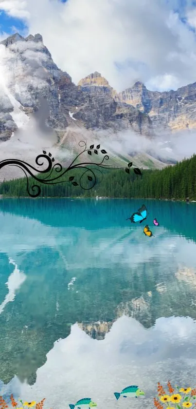 Serene lake reflecting mountains and butterflies.