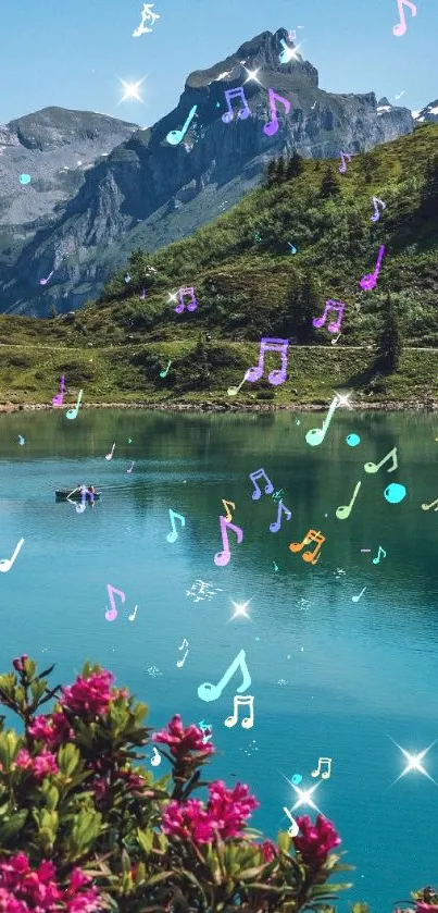 Peaceful mountain lake with vibrant wildflowers in the foreground.