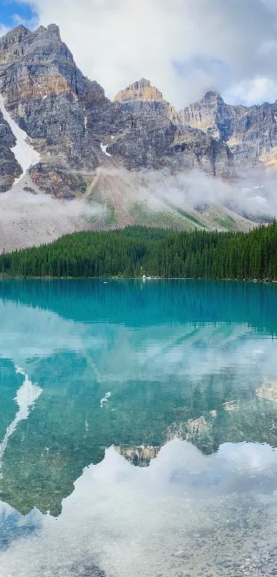 A serene mountain lake with turquoise waters and rocky peaks reflecting.