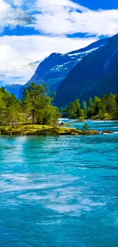 Serene mountain lake with turquoise blue water and lush greenery.