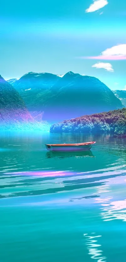 Solitary boat on turquoise mountain lake wallpaper