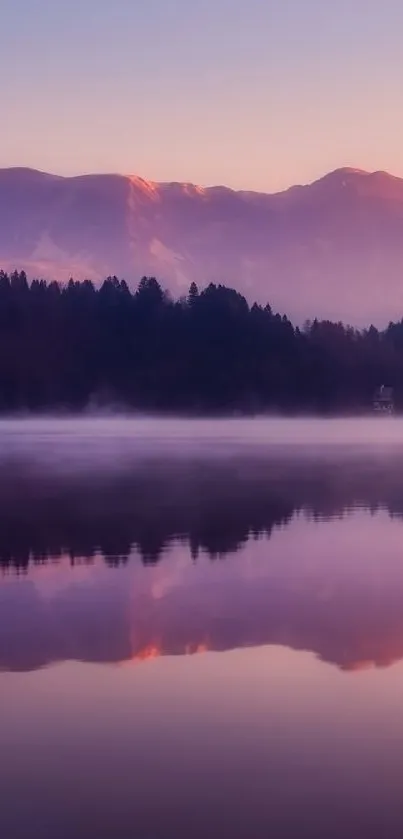 Serene mountain reflection at sunset with purple hues.