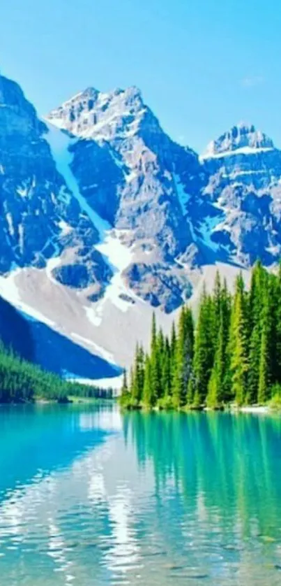 Serene mountain lake with blue sky and green forest in stunning wallpaper.