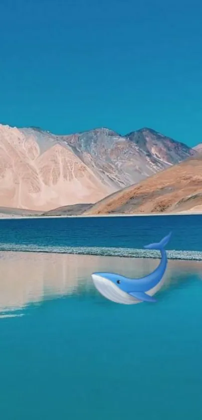 Serene mountain lake with a whale illustration.