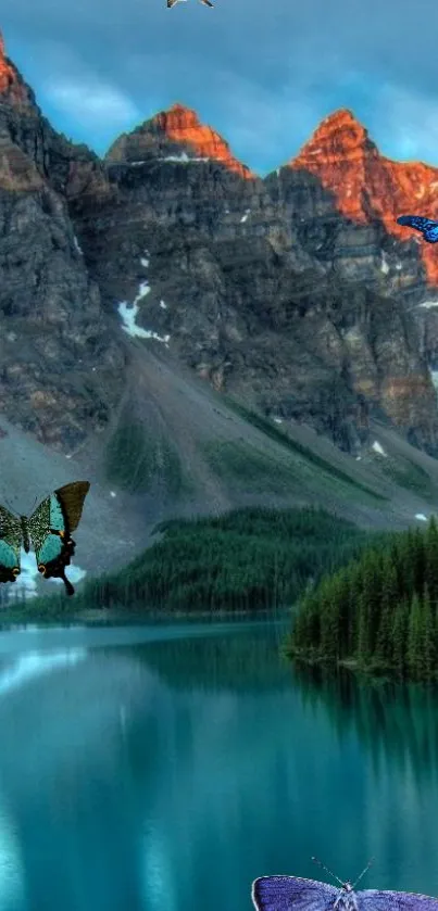 Mountain lake with butterflies and vibrant landscape.