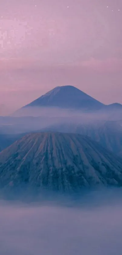 Serene purple mountain landscape with mist.