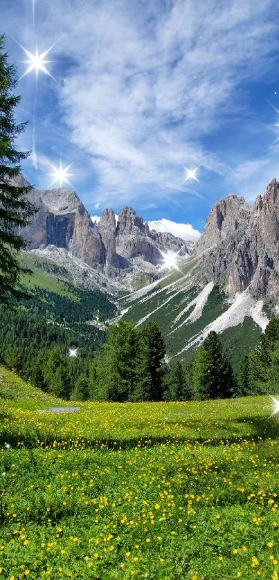 Serene mountain landscape with green field.