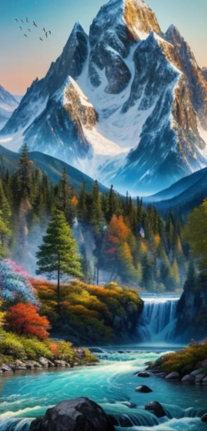 Colorful mountain landscape with a waterfall and forest scenery.