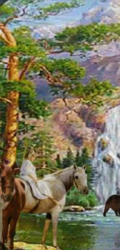 Beautiful scenic wallpaper of mountains, waterfall, and horses.