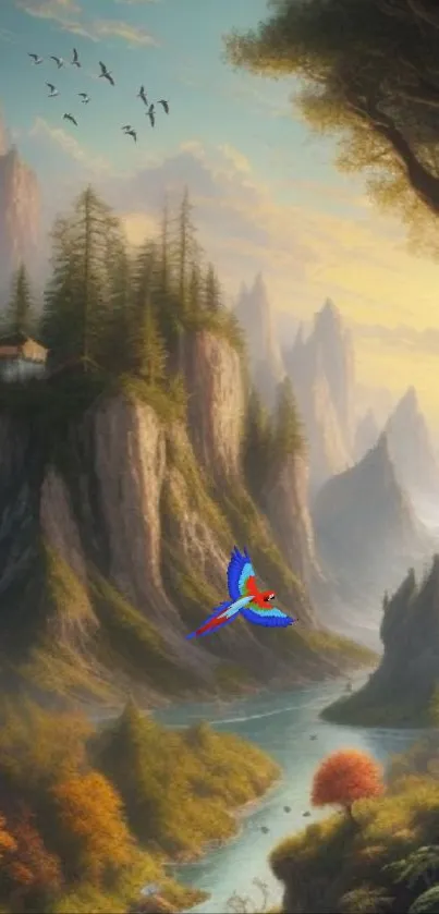 Serene mountain landscape with a parrot flying through lush, misty peaks.