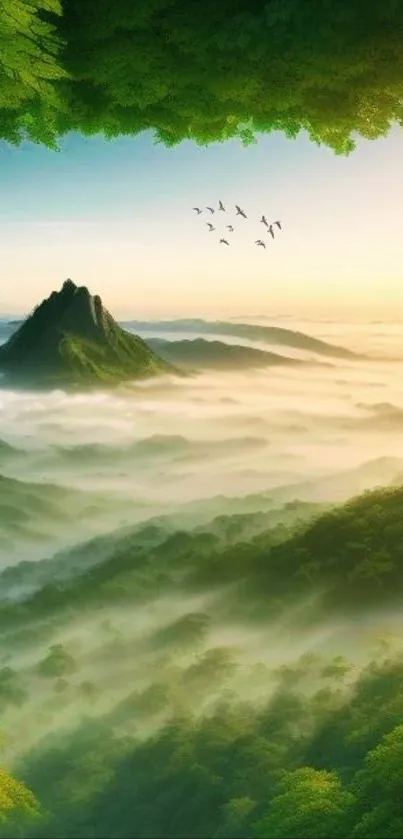 Serene mountain landscape with misty peaks and lush greenery at sunrise.