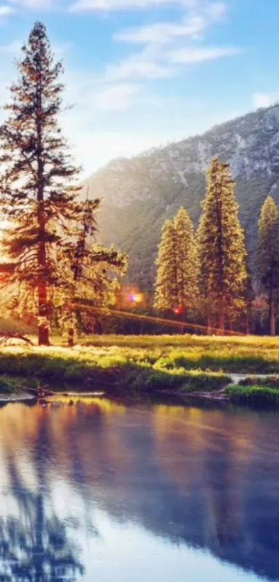 Mountain landscape with serene lake reflection and pine trees under blue sky.