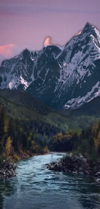 A stunning mountain landscape with a river and forests under a purple sky.