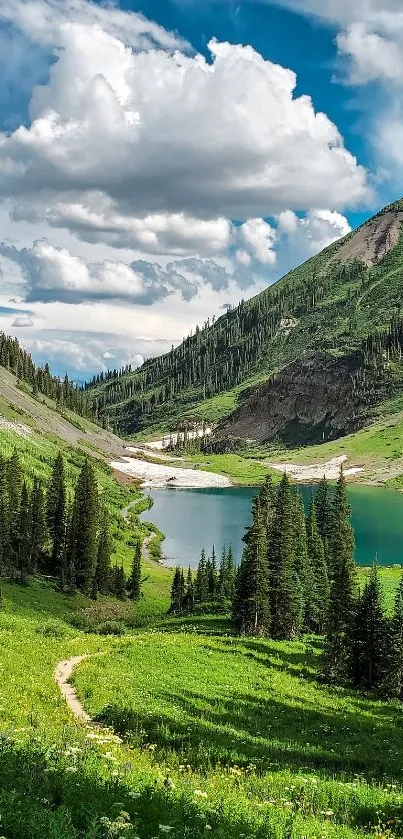 Serene mountain landscape with lake and blue sky wallpaper.