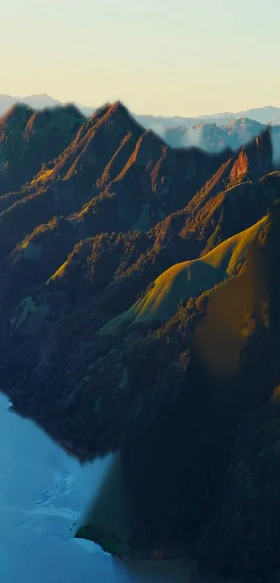 Serene mountain landscape with a blue lake.