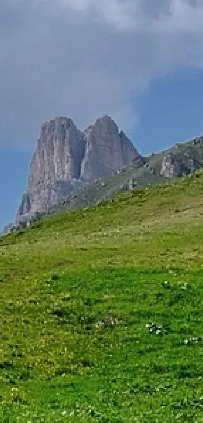 Serene mountain with green meadow under a blue sky.