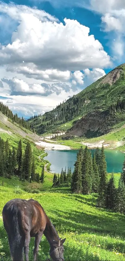 A serene mountain landscape with a serene lake and grazing horse.