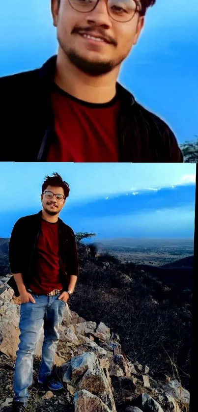 Man enjoying mountain view under a blue sky.