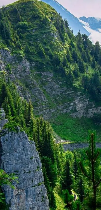 Lush green mountain landscape with forested slopes and distant peaks.